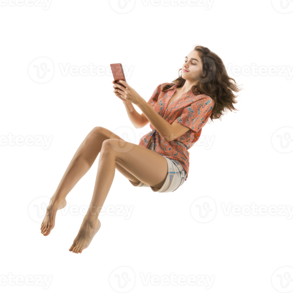 full body young woman laying in the air floating while using smart phone isolate on transparency background png