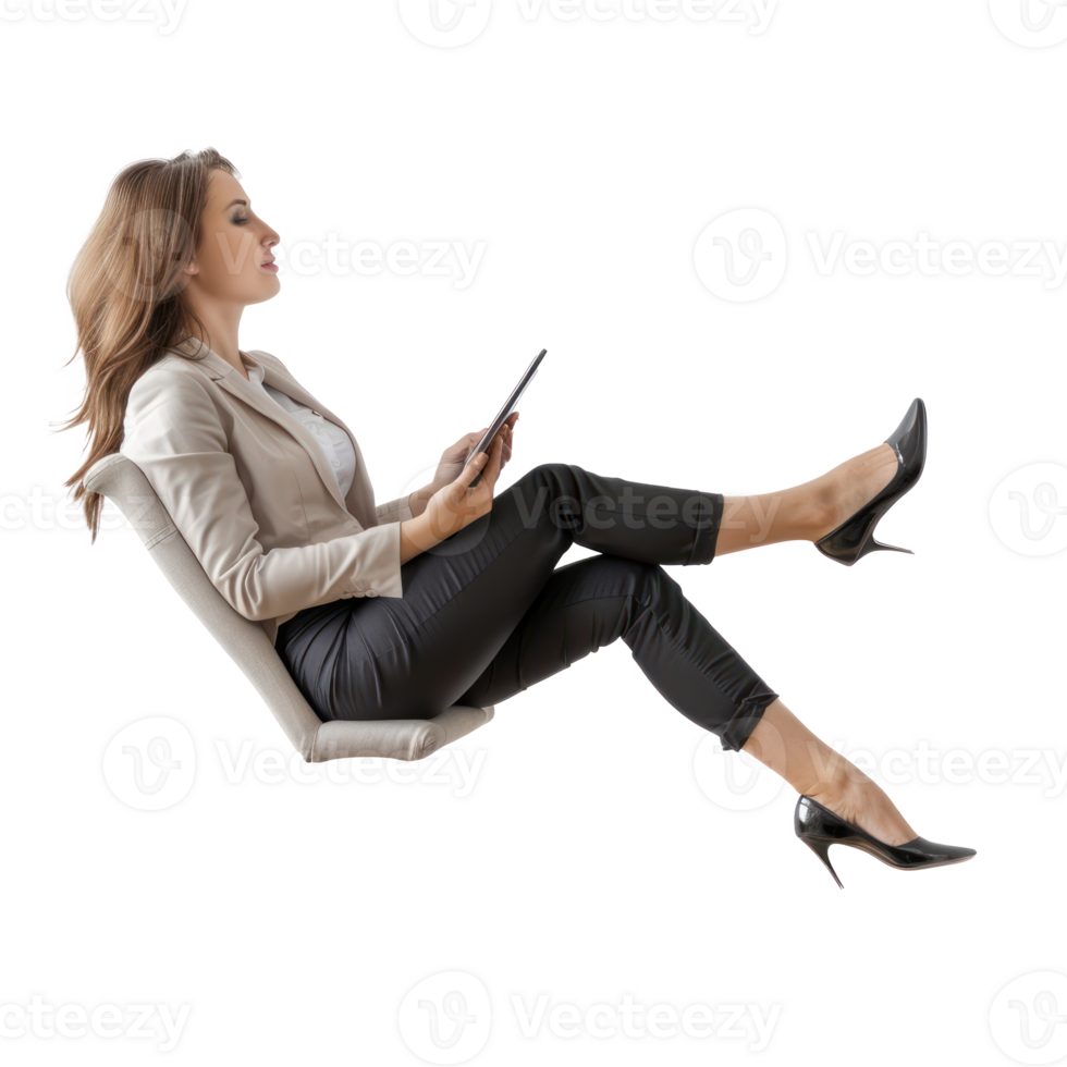 full body business woman laying in the air floating while using tablet isolate on transparency background png