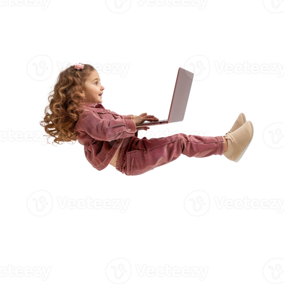 full body little girl laying in the air floating while using laptop isolate on transparency background png