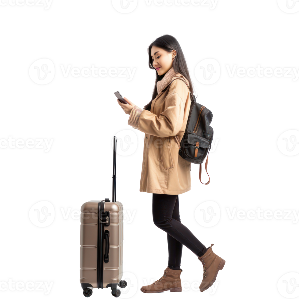 Beautiful young woman looking at mobile phone while holding travel suitcase walking side view full length isolate on transparency background png