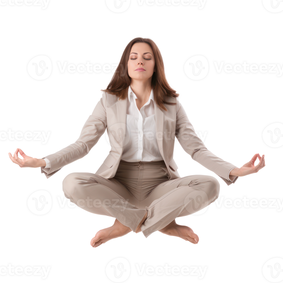 floated business woman doing yoga in the air, isolate on transparency background png