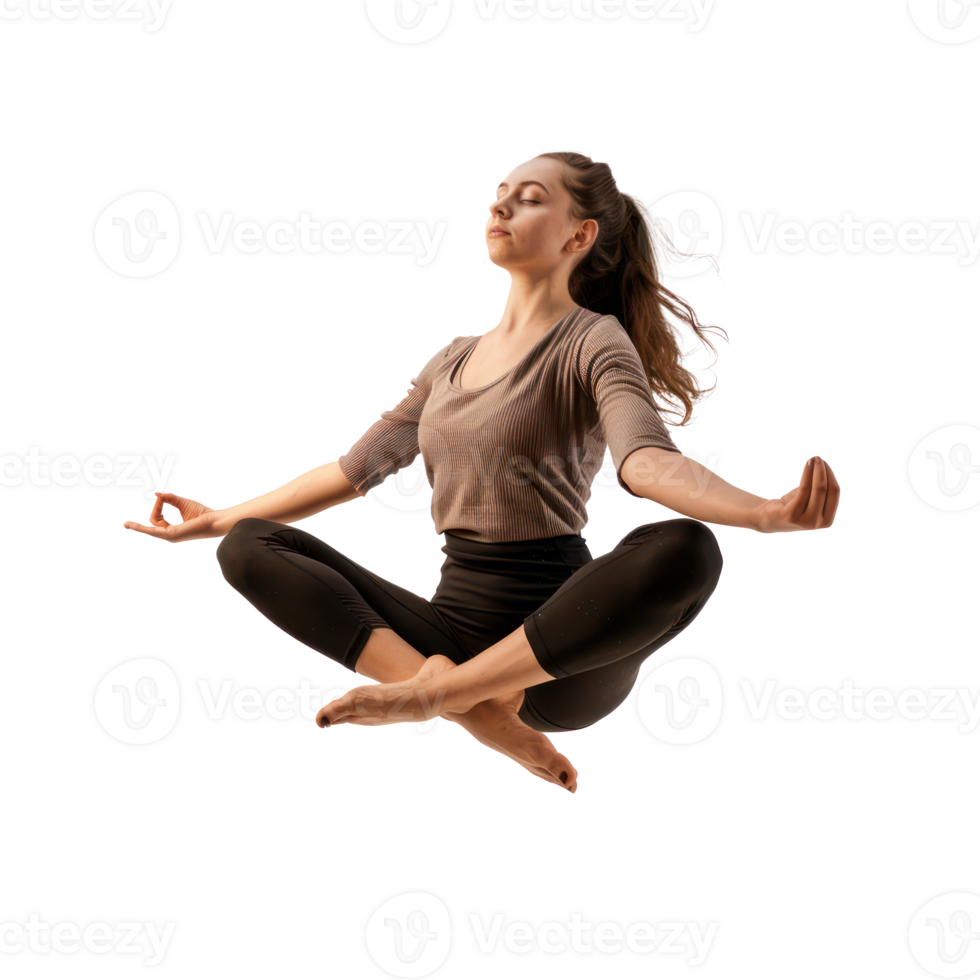 floated young woman doing yoga in the air, isolate on transparency background png