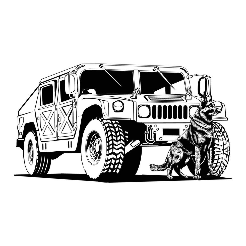 Army Vehicle and Dog K9 Black and White Illustration vector