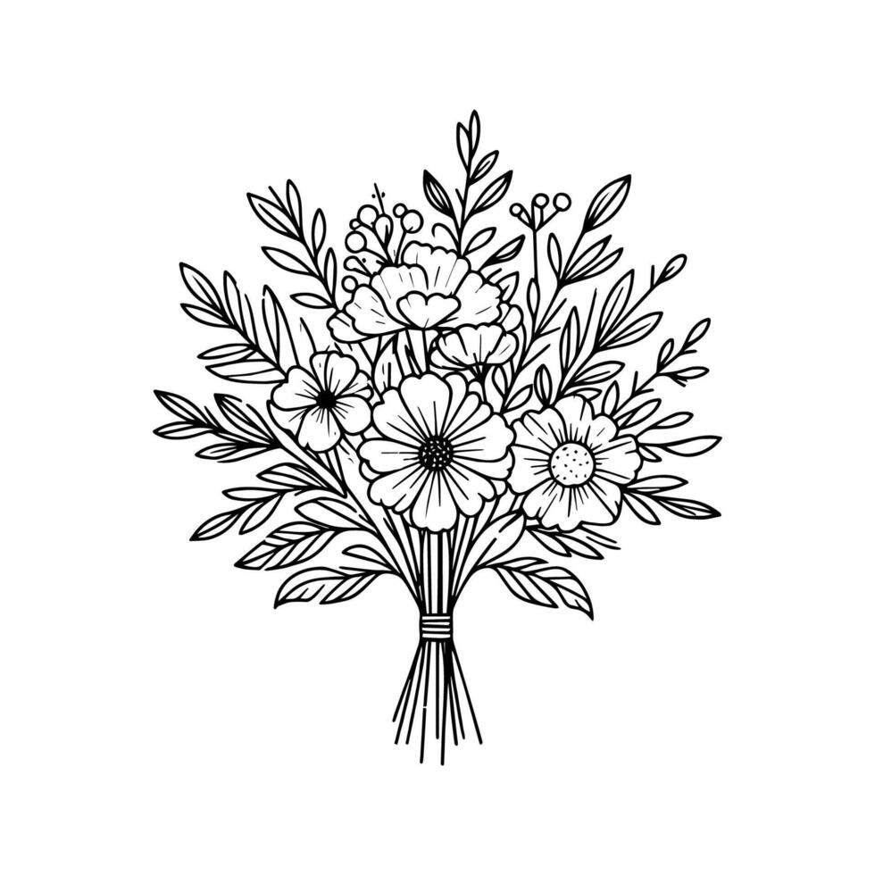 Simple Elegant Monochromatic Black And White Hand Drawn Floral Bouquet Line Art Style vector