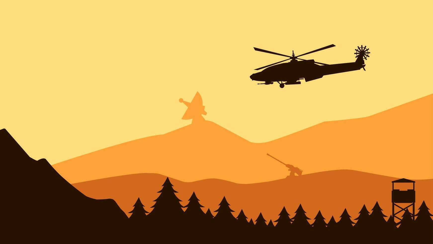 Landscape illustration of military helicopter flying above the forest vector