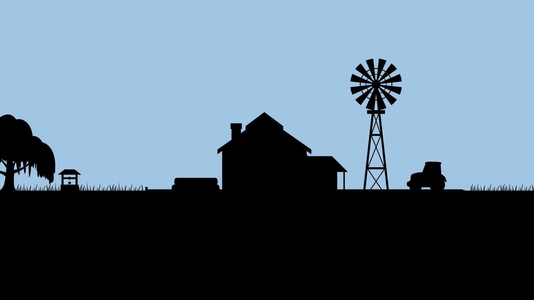 Landscape illustration of farmhouse silhouette and windmill vector