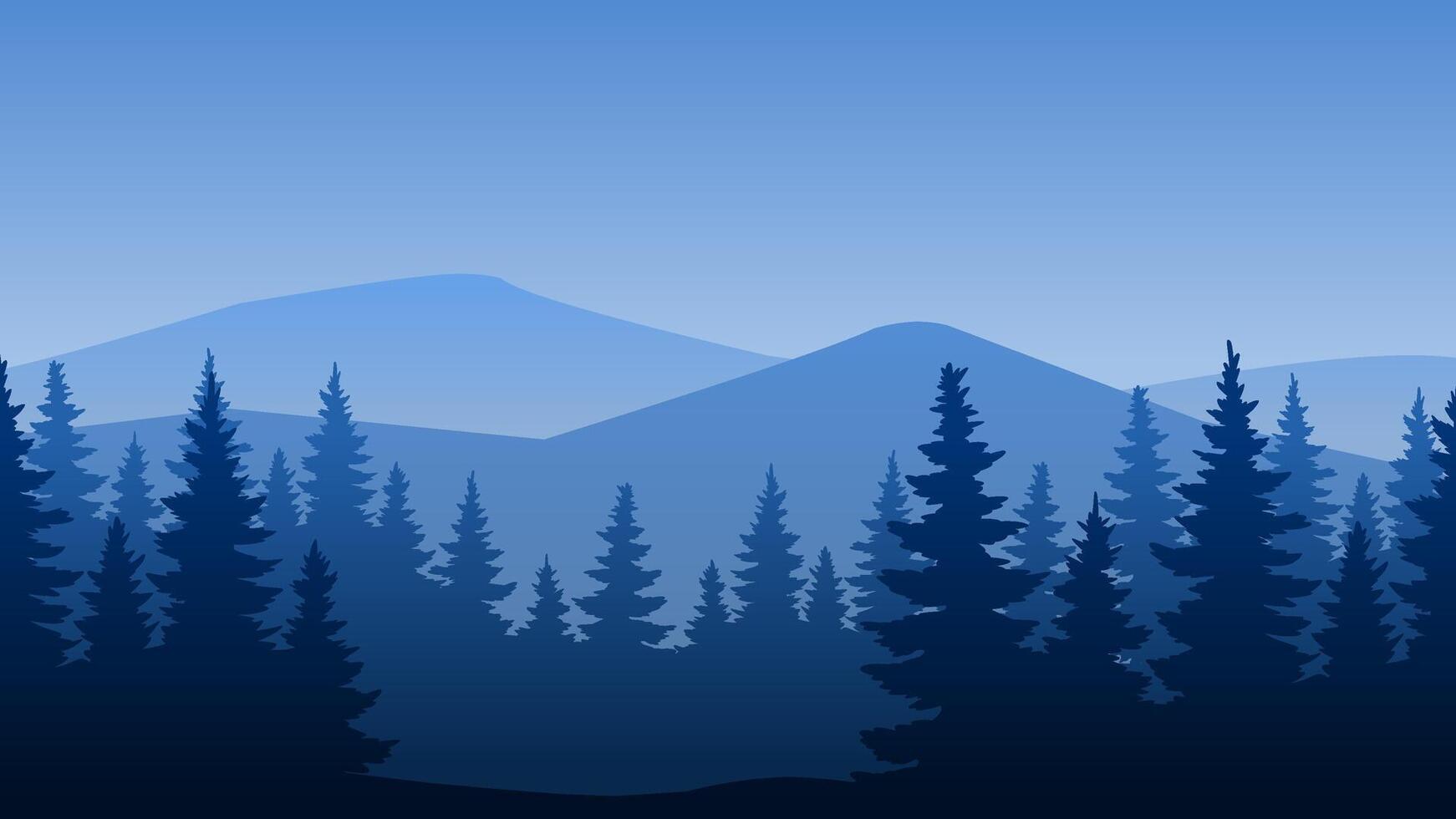 Landscape illustration of pine forest silhouette and mountain range vector