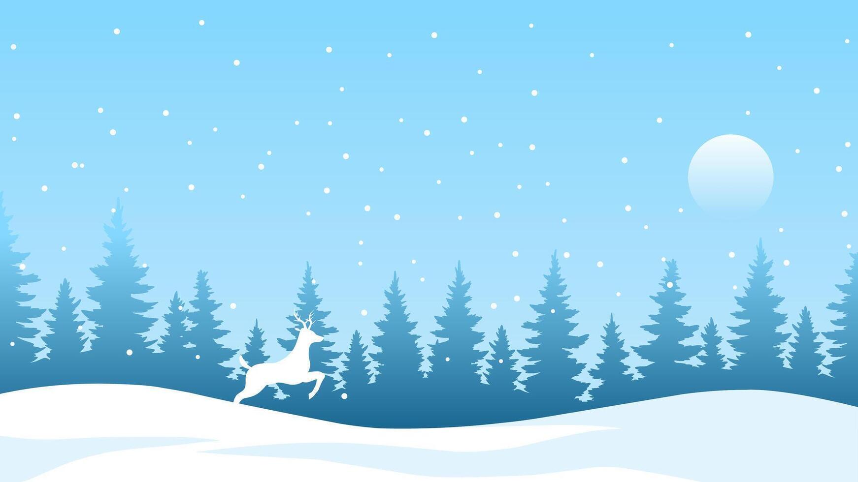 Landscape illustration of winter hill with pine forest and reindeer vector