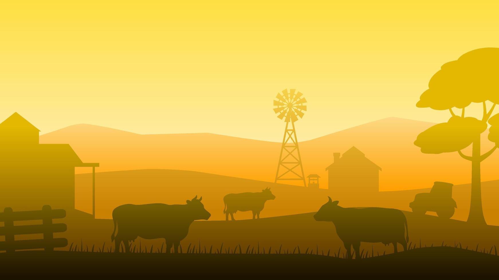 Landscape illustration of farm silhouette with cattle livestock vector