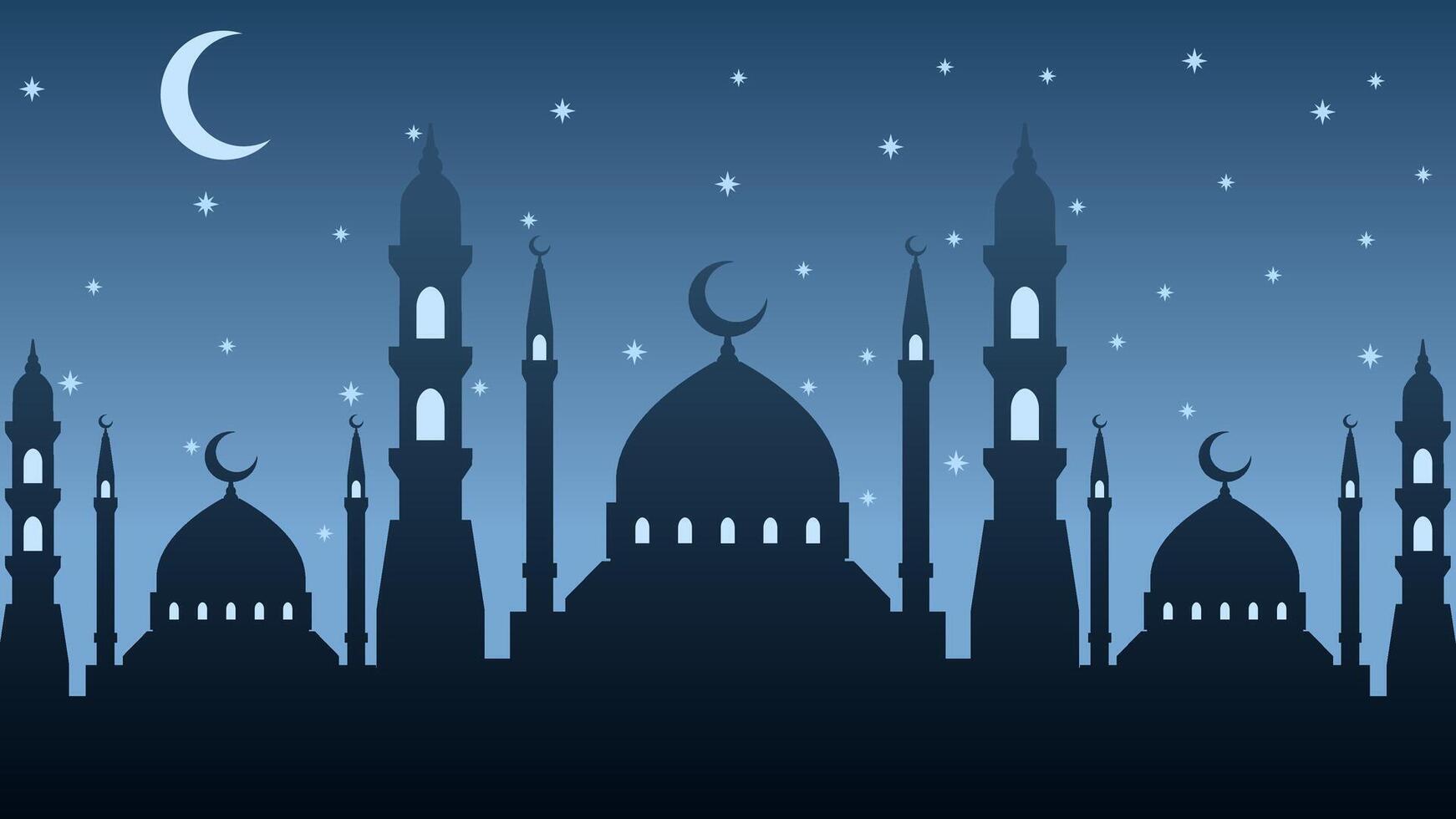 Landscape illustration of mosque silhouette with starry night sky vector