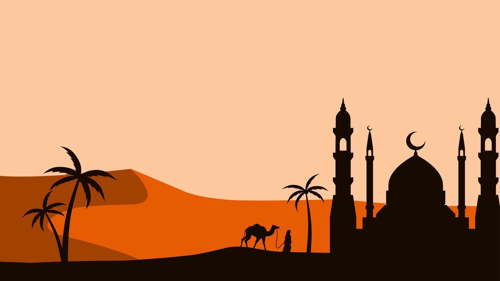 Landscape illustration of mosque silhouette and muslim traveler with camel vector
