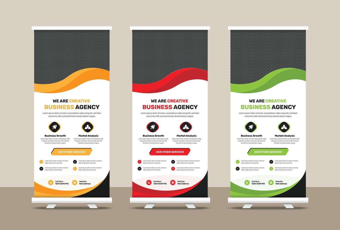 Multipurpose modern corporate business roll up banner design with three color variation vector