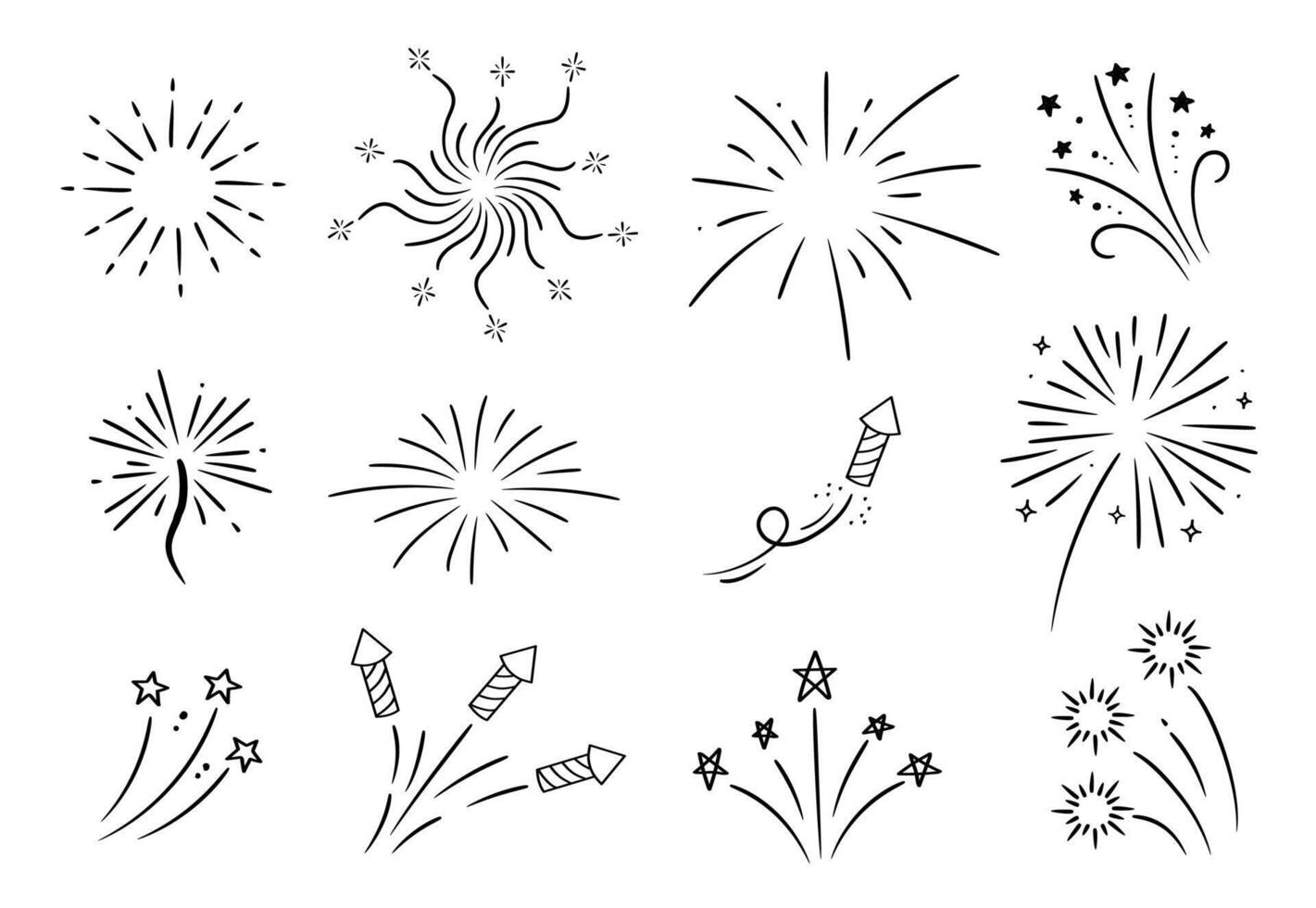 Linear explosions set. Hand drawn fireworks and stars collection. Doodle sketch. vector