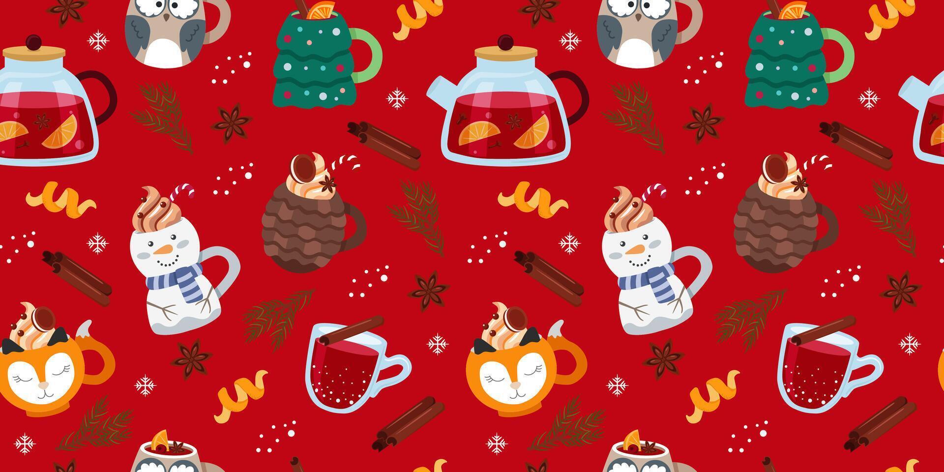 Winter drinks red seamless pattern. Funny mugs in the form of characters. Christmas bright colorful background for packaging, fabric, paper. vector