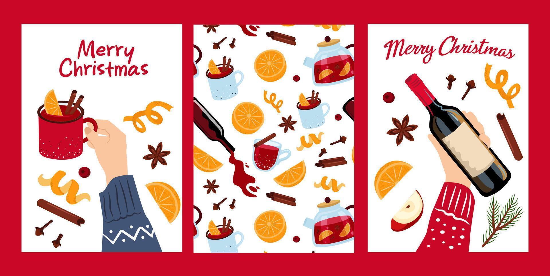 Christmas drinks cards set. Hand with mug and bottle of wine. Mulled wine, fruits and spices seamless background. Illustration set. vector