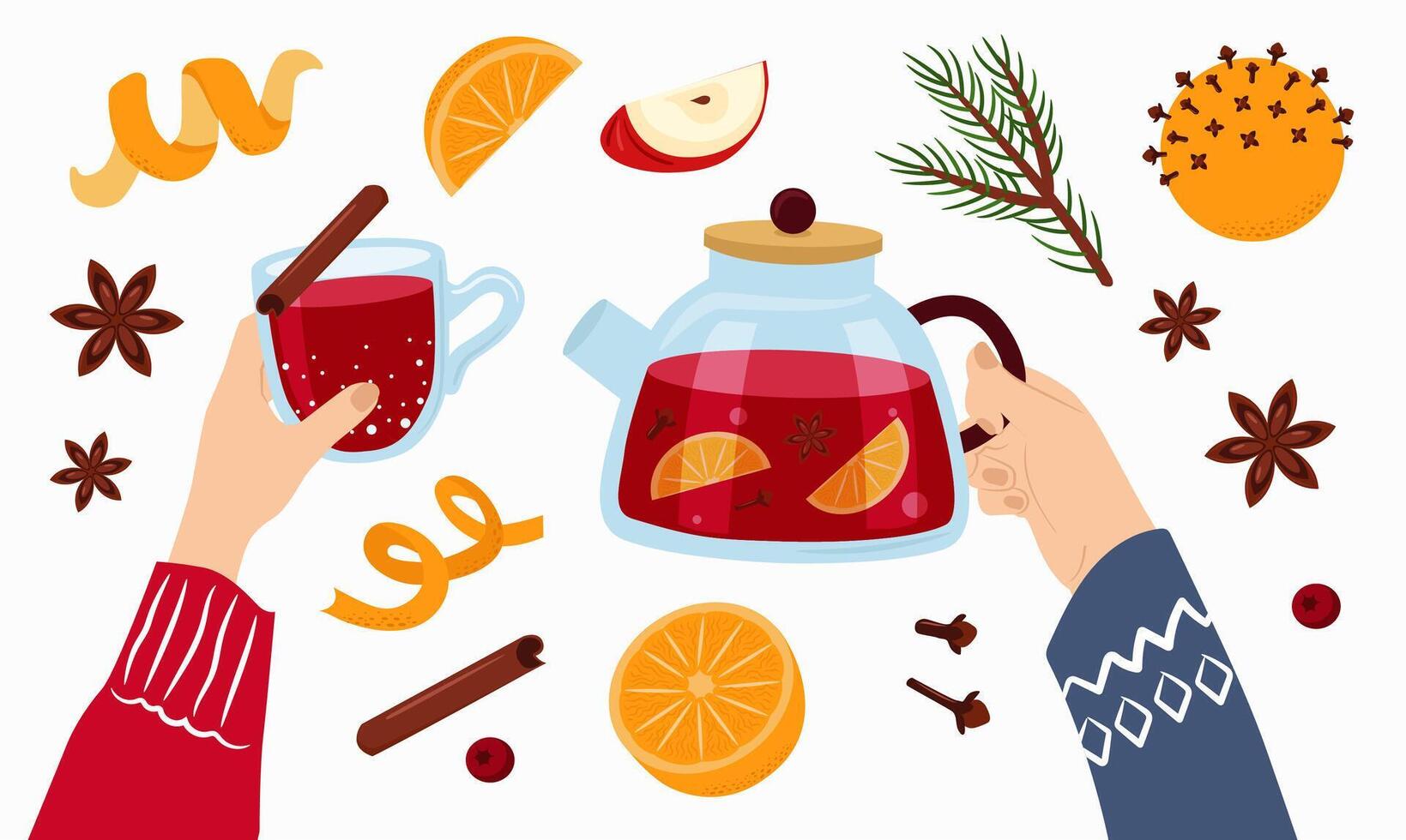 Hands with glass and teapot with mulled wine. Winter drinks. Ingredients - fruits, spices. Illustration on white background. vector