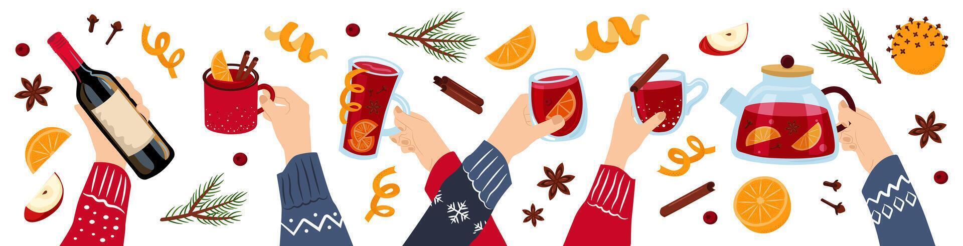 Mulled wine. Winter drinks. Hands with mug, glass, cup, teapot, bottle of wine. Fruits and spices. Illustration set. vector