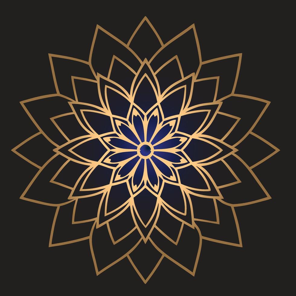 gold mandala flower design in black background vector