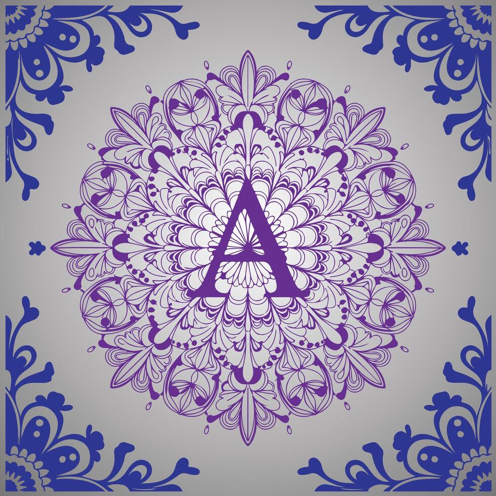 purple and blue floral design with a letter a on a blue background vector