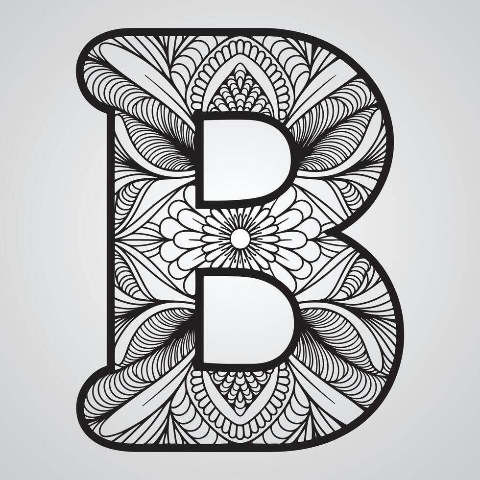 letter b mandala printed in a black and white pattern. vector
