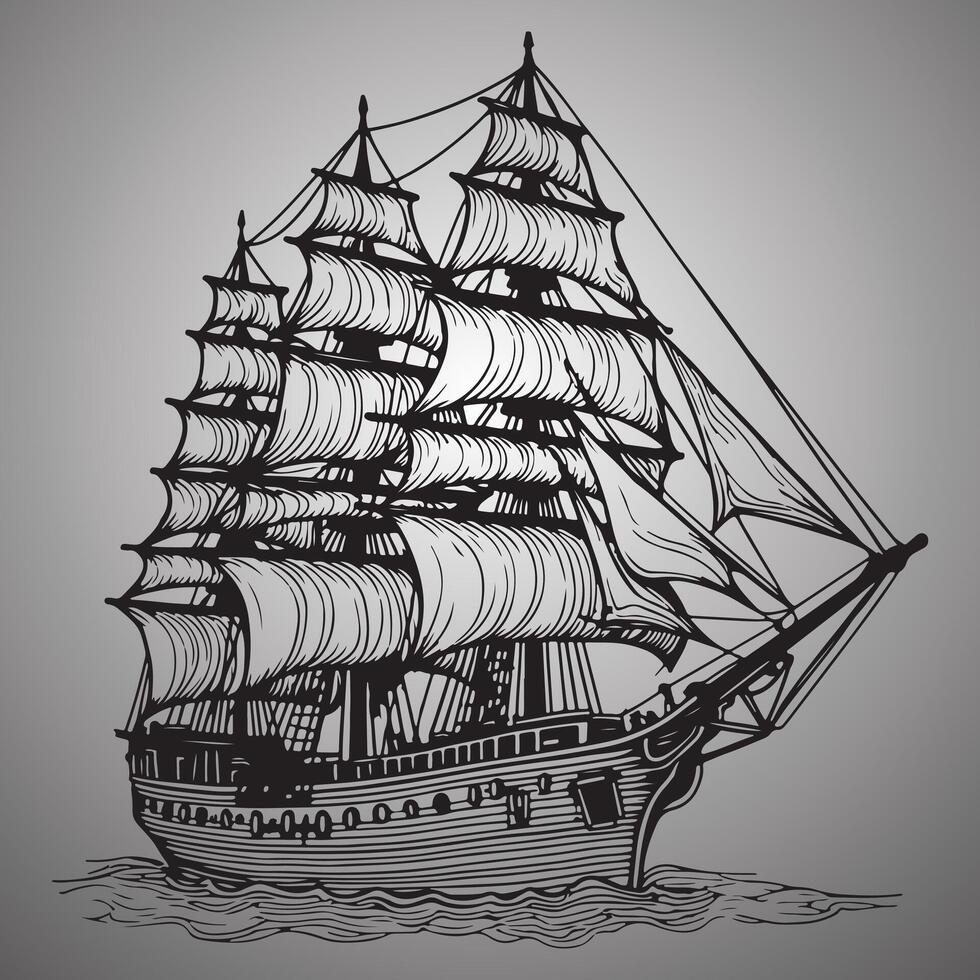 Sailing ship. Hand drawn illustration on gray background vector