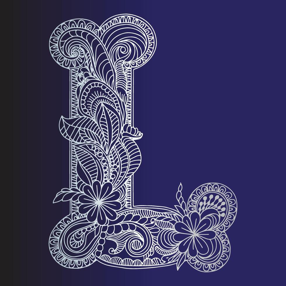 blue background with a hand drawn ornate letter L in doodle style vector