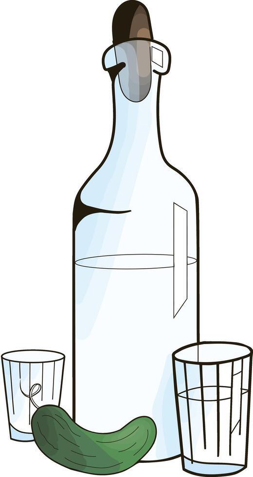 Bottle with vodka and cucumber hand drawn doodle illustration vector