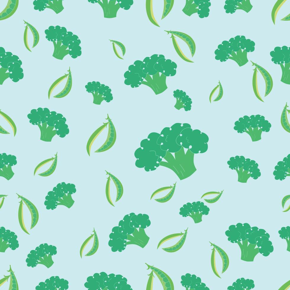 Seamless pattern broccoli and peas illustration doodle hand drawn vector