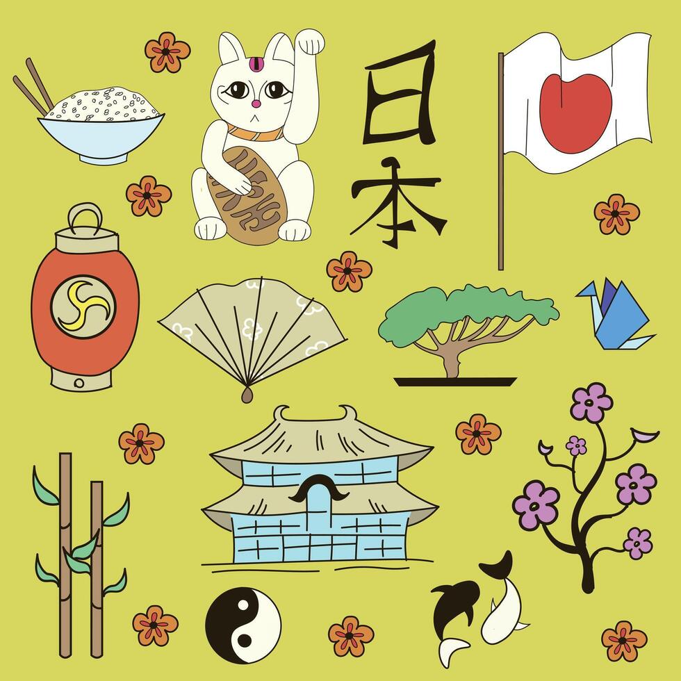Seamless Japanese symbols yellow background doodle hand drawn illustration vector