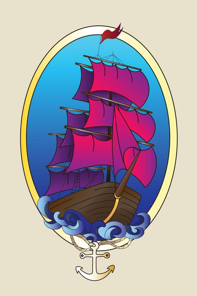 Tattoo ship color hand drawn doodle illustration vector