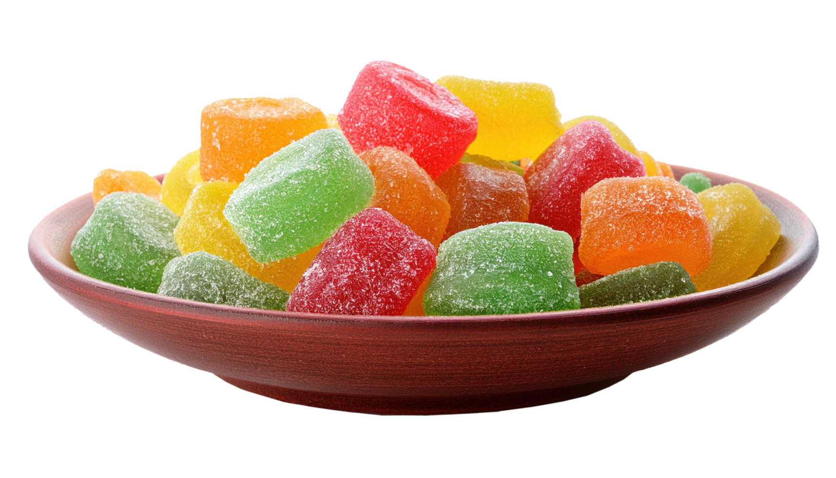 Colorful sugar coated gelatin jelly gummy sweets in wooden bowl for clip art and element png