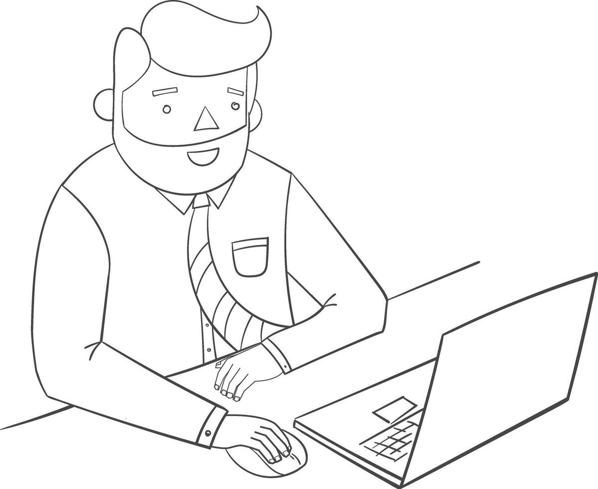 Hipster man beard with notebook laptop black and white doodle hand drawn illustration vector
