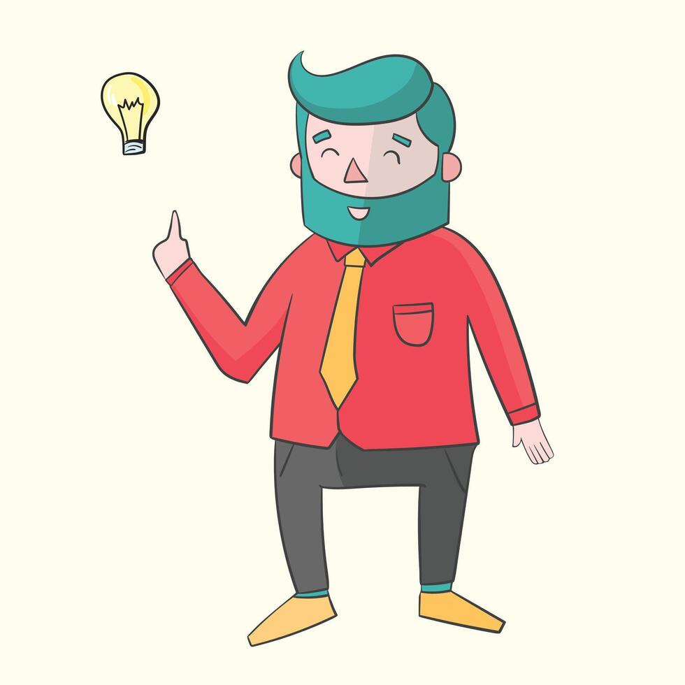 Hipster man beard with idea lamp for text vivid color doodle hand drawn illustration vector