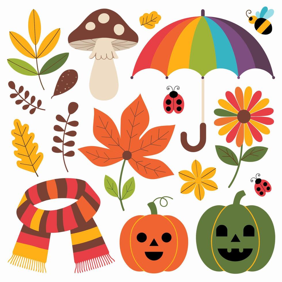 Autumn clipart set with pumpkin, umbrella, leaves, and other items vector