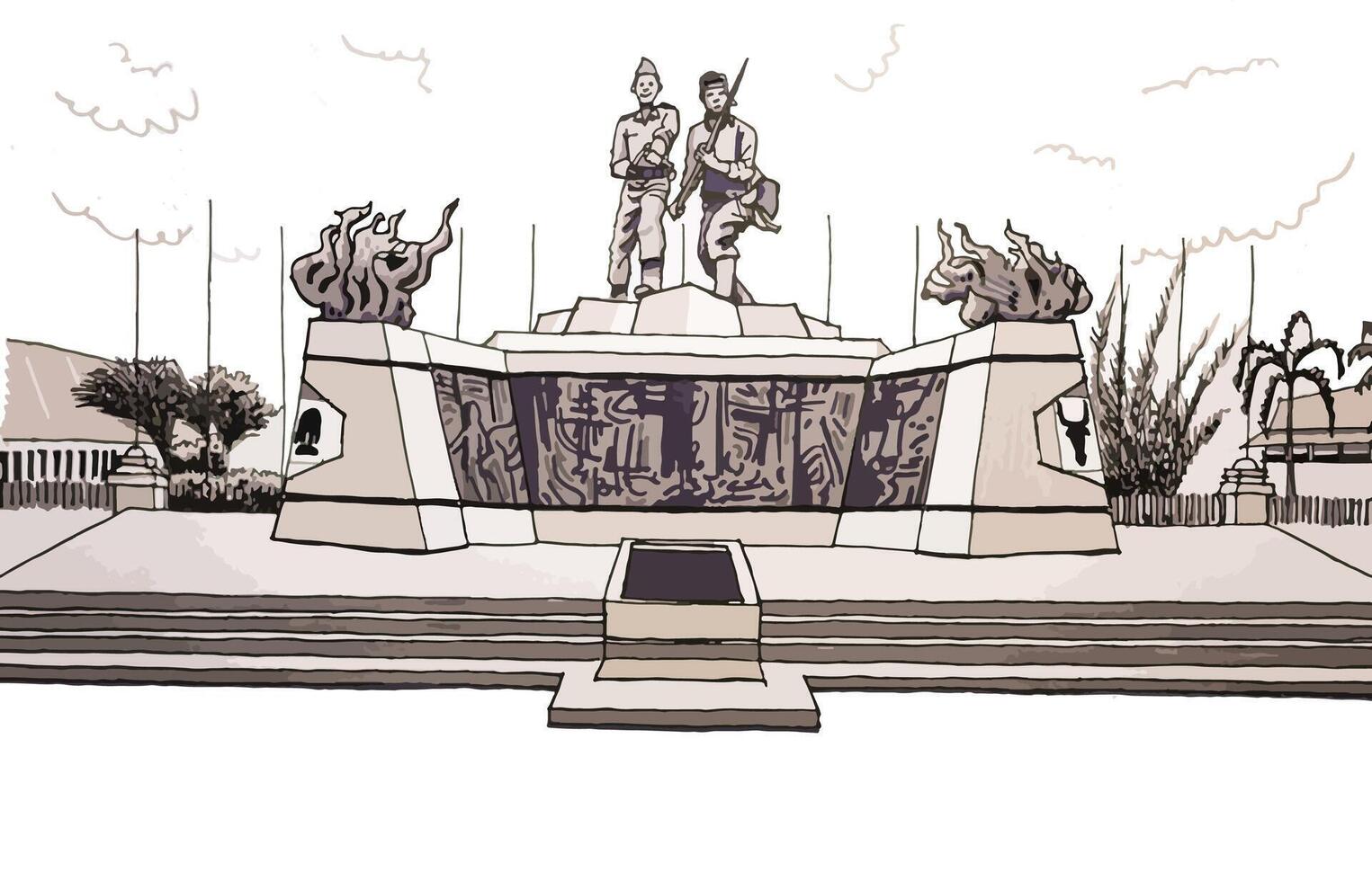 A drawing of a monument with statues on top vector