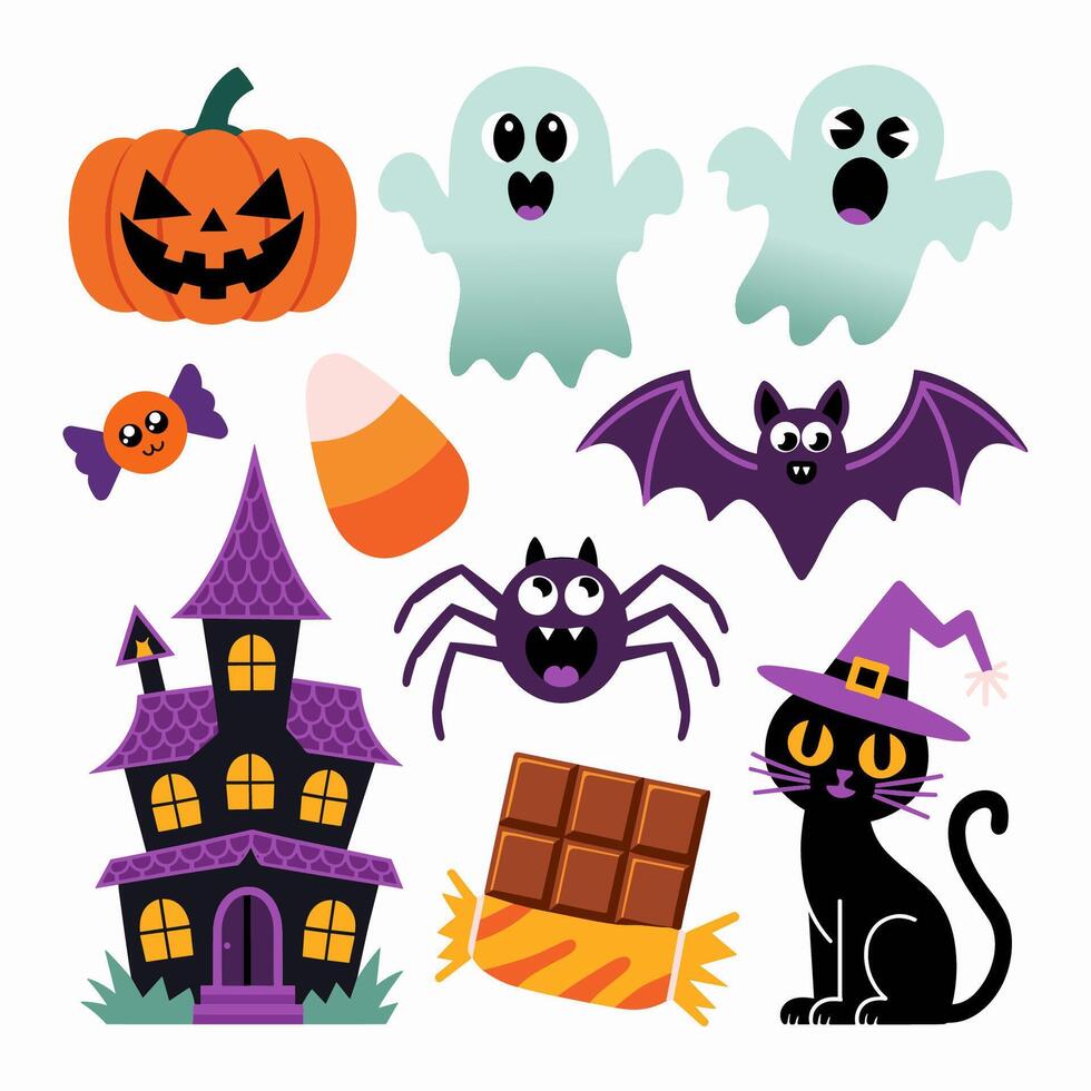 Halloween clipart set with ghosts, bats, witches, and pumpkins vector