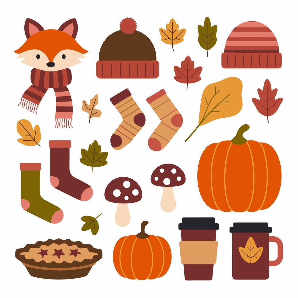 Autumn clipart set with fox, pumpkin, hat, scarf, scarf, socks, boots vector