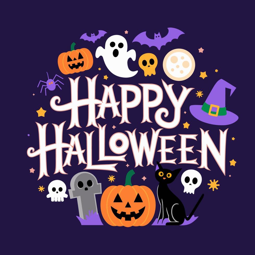 Happy halloween text with pumpkins, bats, witches and ghosts vector