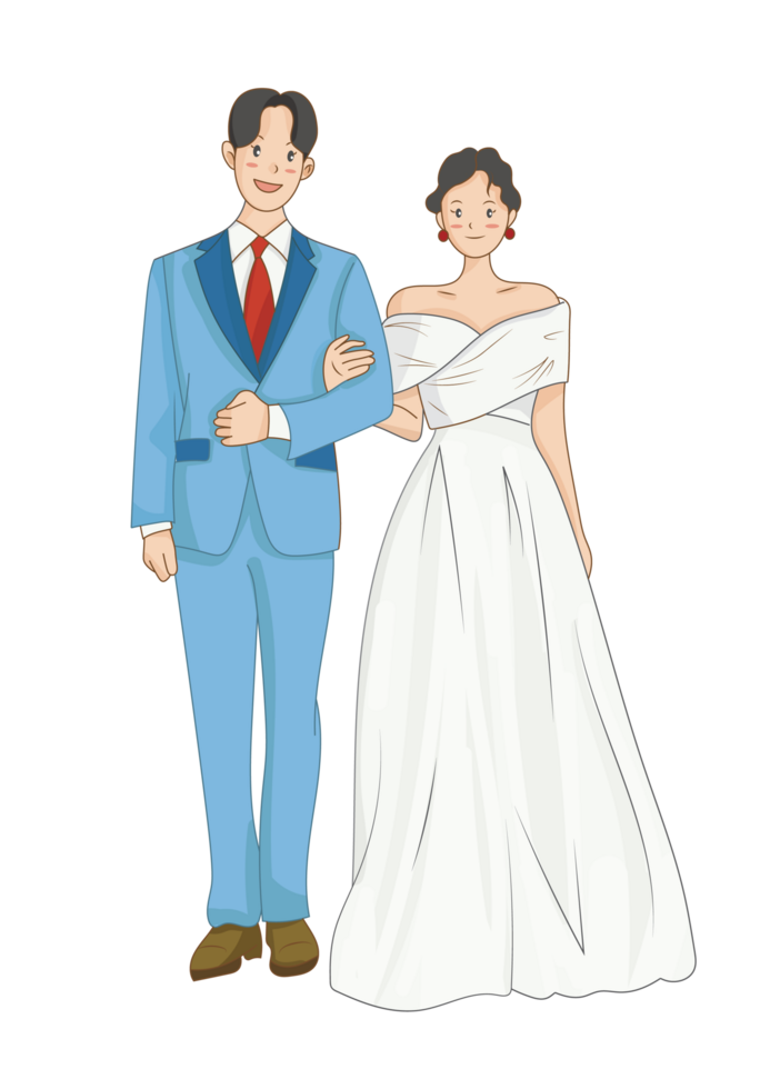 Cartoon Wedding Couple Groom in Blue Suit Bride in White Gown png