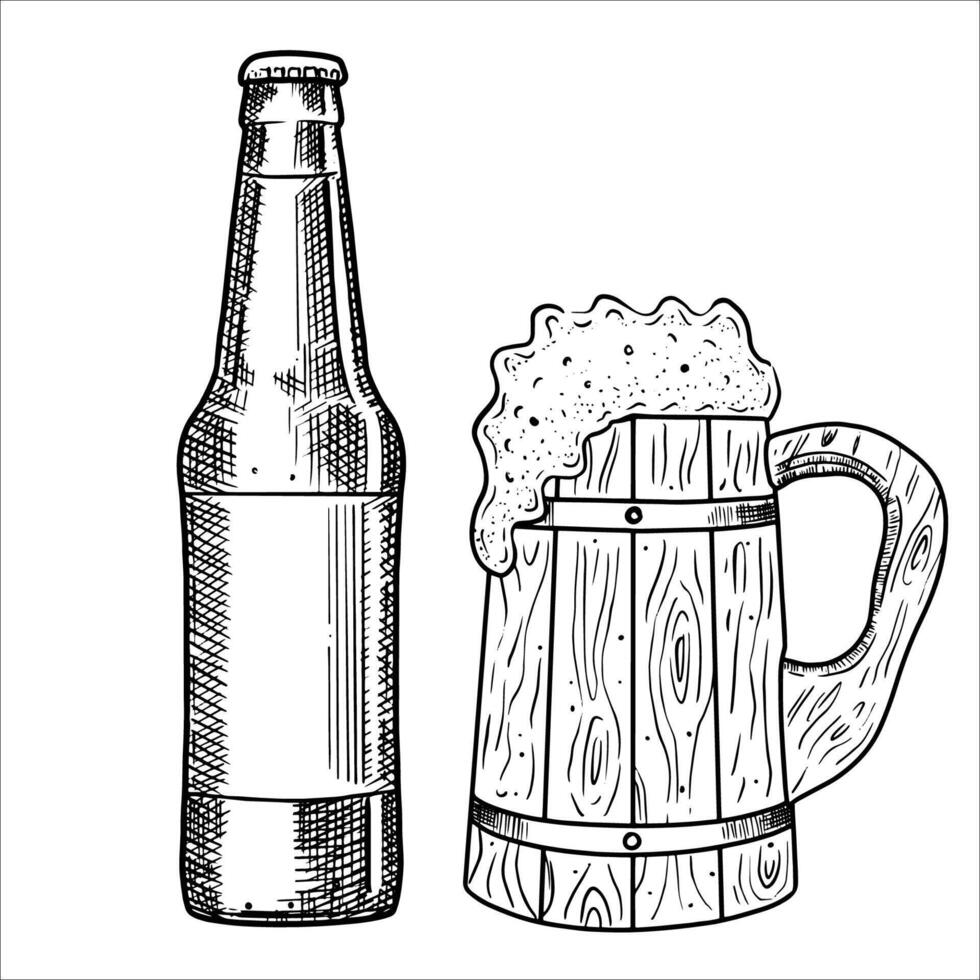 Hand draw a bottle and a wooden mug with beer. illustration vector