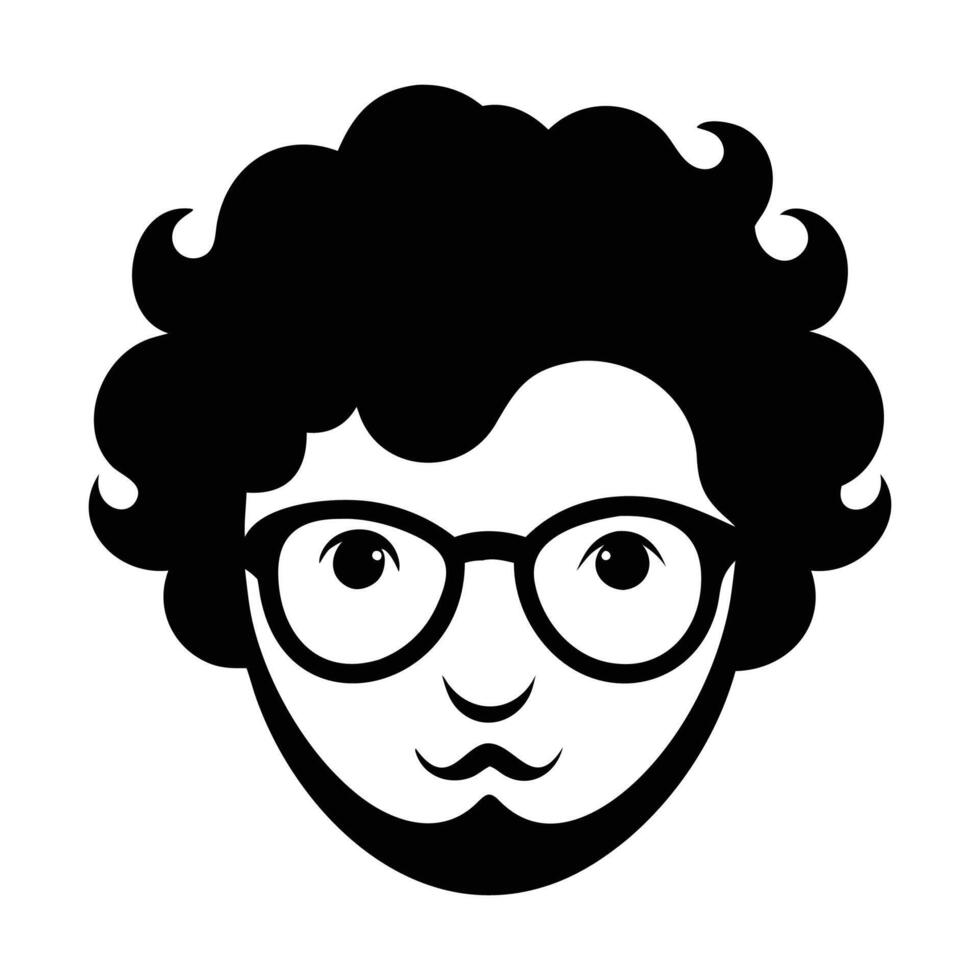 A man with glasses and curly hair is shown in a black and white silhouette vector