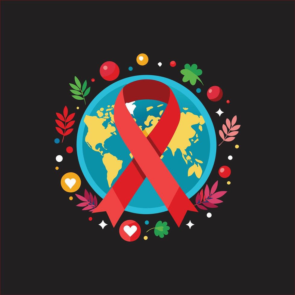 Red ribbon around the world with leaves and flowers vector