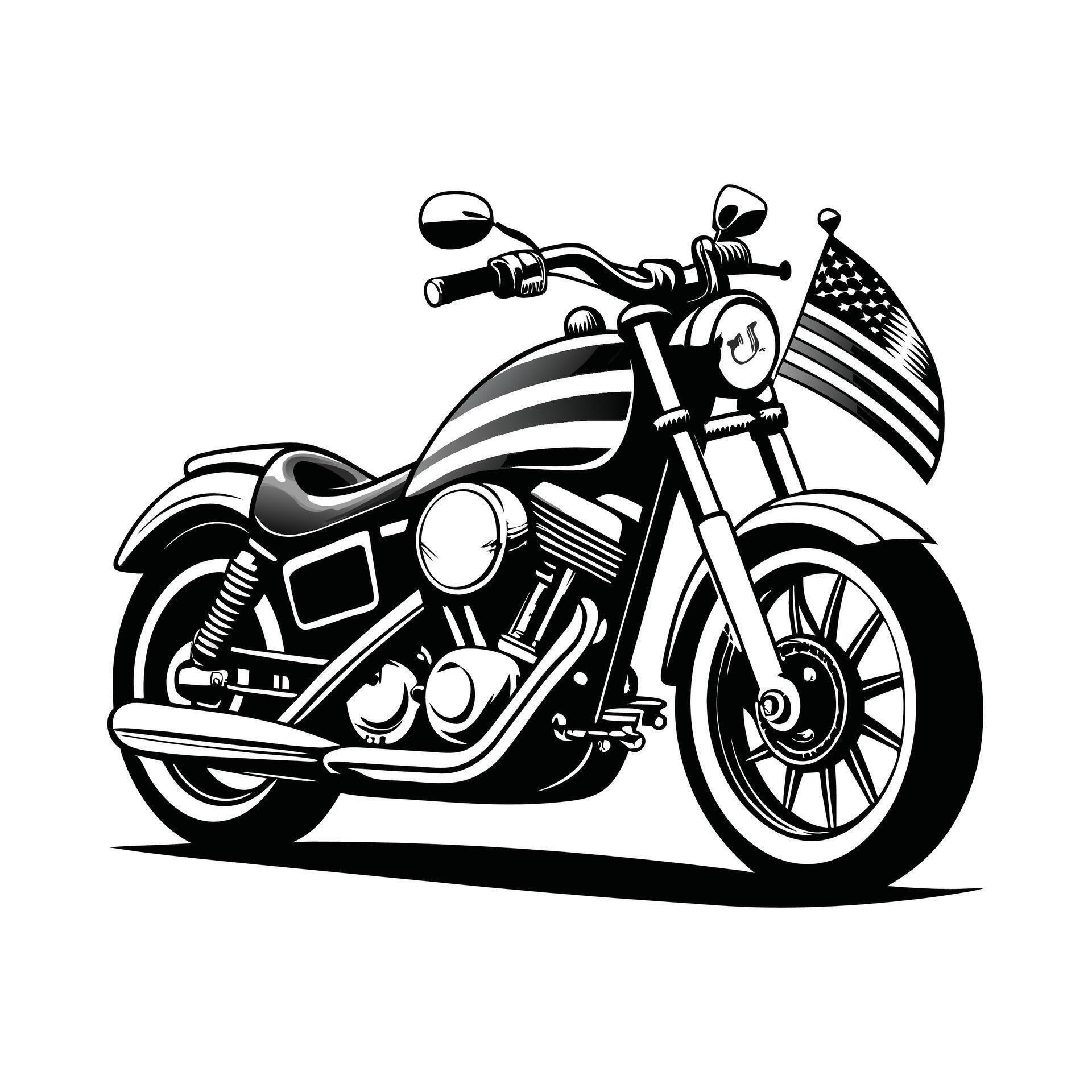 A black and white illustration of a motorcycle with an american flag