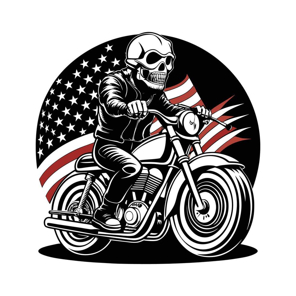 A skull riding a motorcycle with an american flag vector