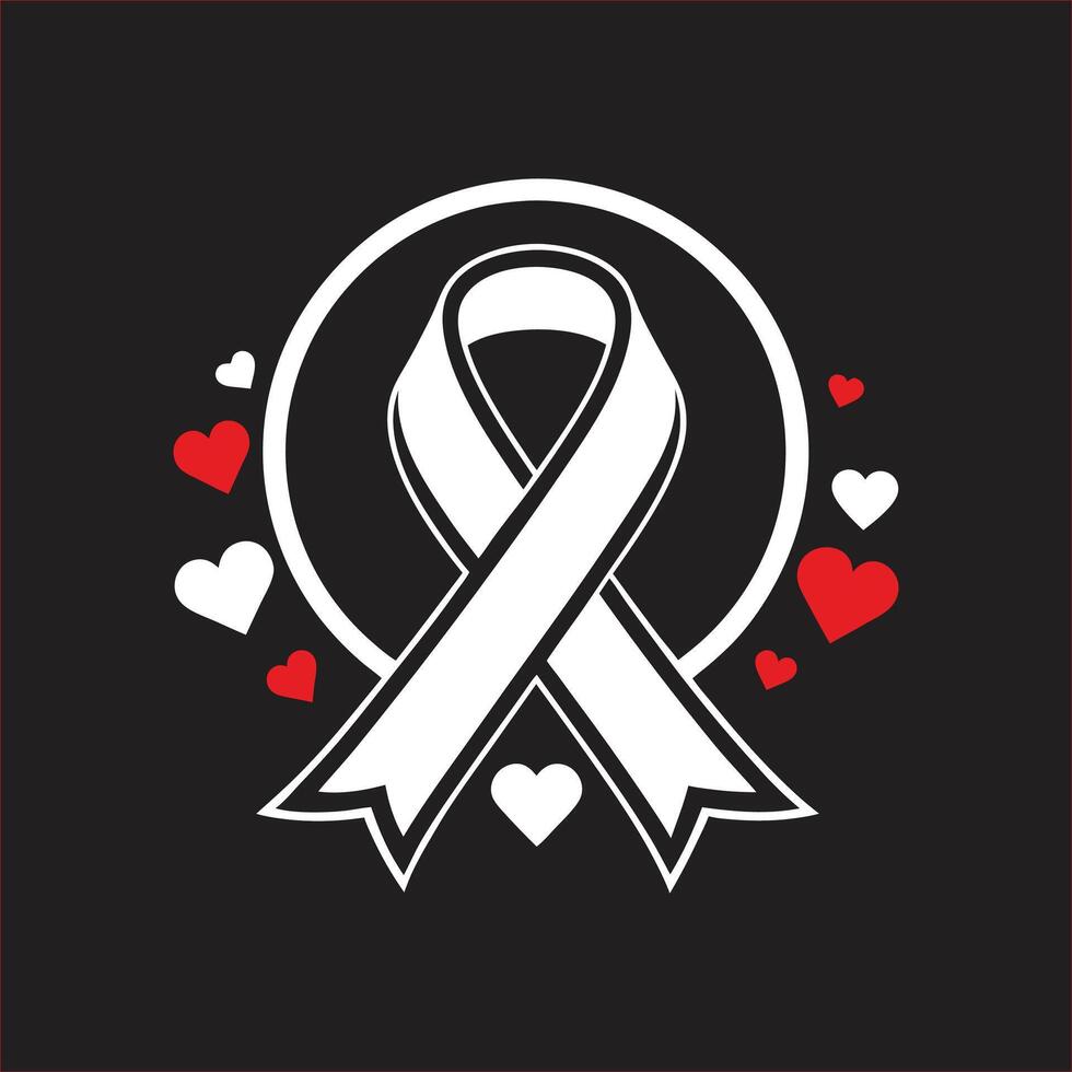 White ribbon with hearts and awareness symbol on black background vector