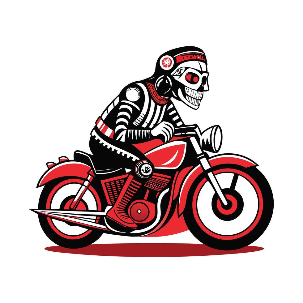 A skeleton riding a motorcycle in red and white vector