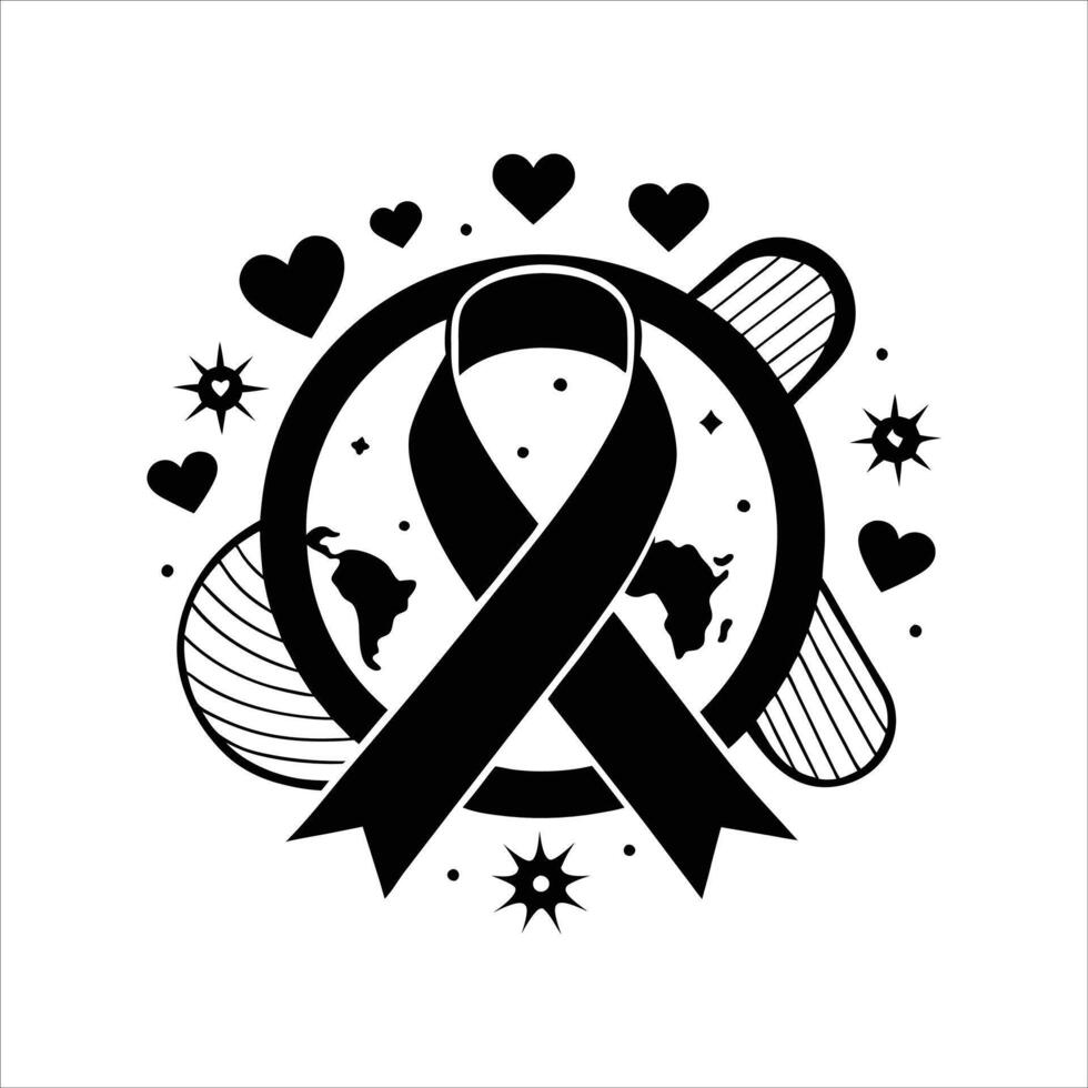 Black ribbon with hearts and a globe vector