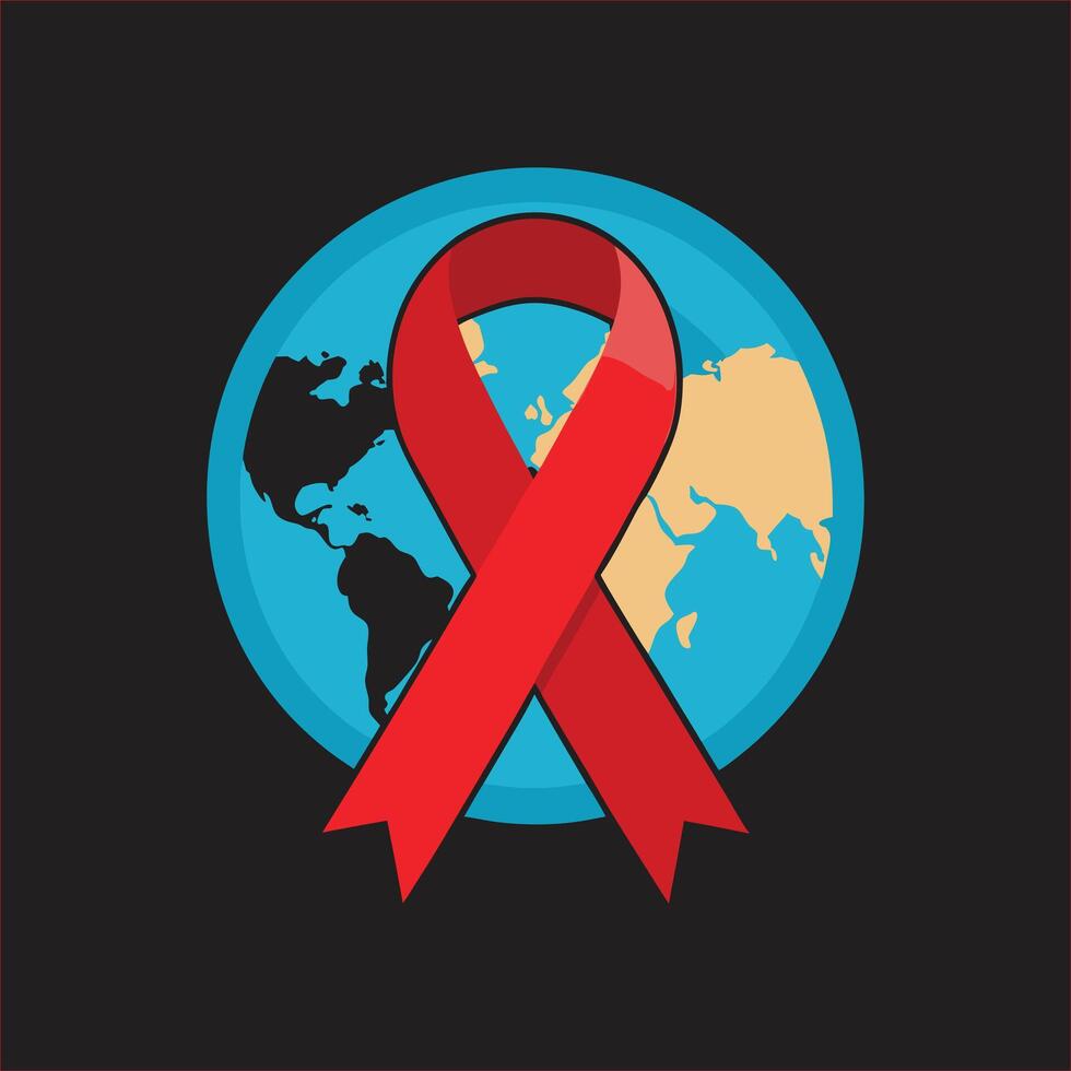 Red ribbon around the world on a black background vector
