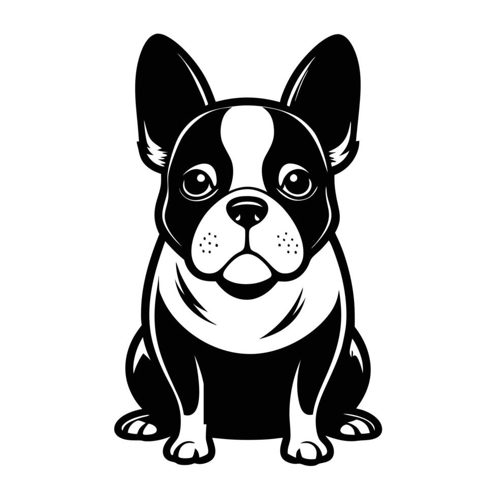 A black and white illustration of a french bulldog vector