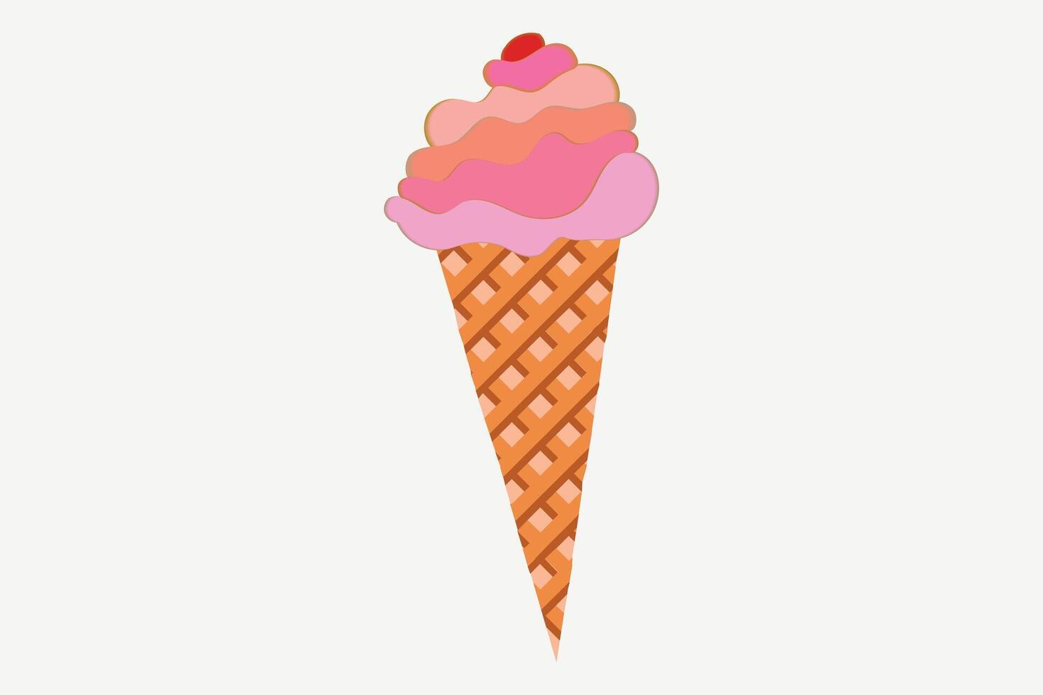 Cherry fruit Ice Cream in waffle cone in trendy paper cut style. Craft tasty bright summer dessert on white background for package design, T-shirt printing. 3d card illustration icon. vector
